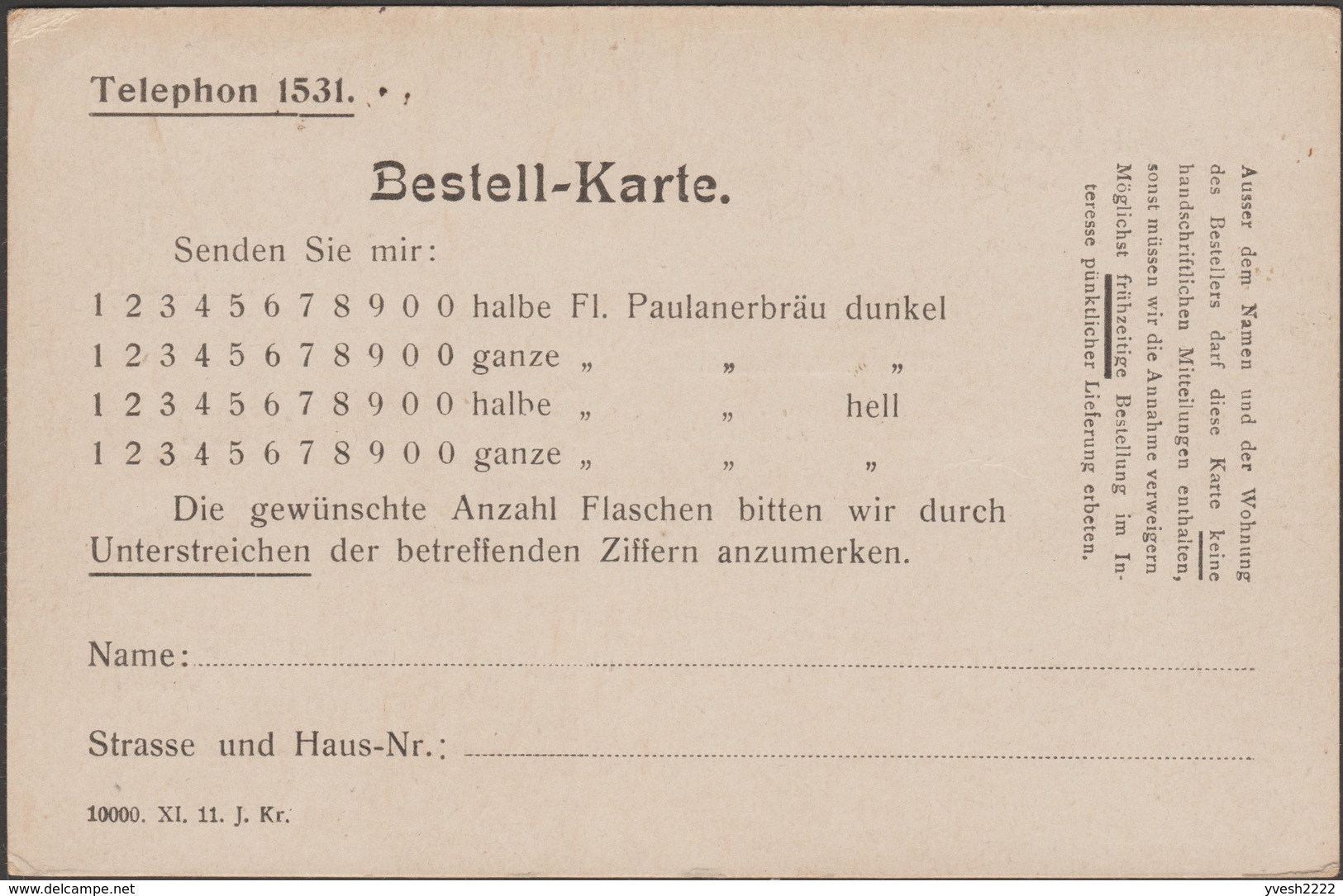 Bavière 1911. Entier Postal TSC. Commandes De Demi-bouteilles Et De Bouteilles Entières De Bières Brunes Ou Blondes - Bières