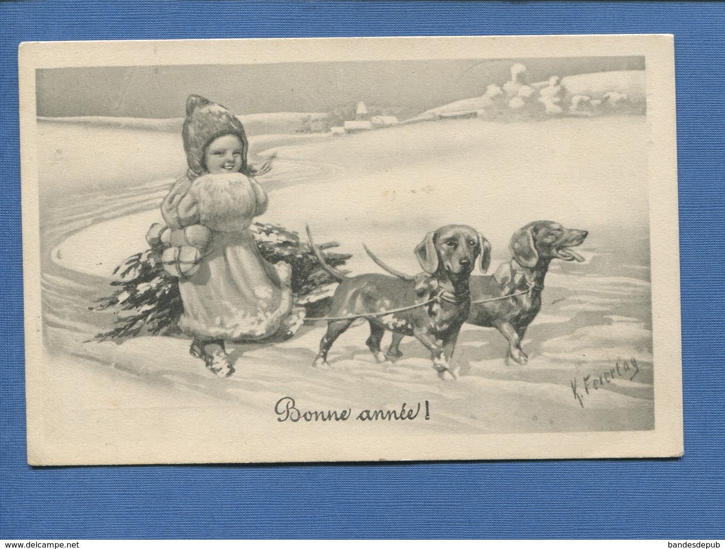 Jolie Carte Viennoise B.K.W. "Bonne Année" Enfant Manchon Sapin Attelage Chiens Teckel Basset Signée Feiertag - Feiertag, Karl