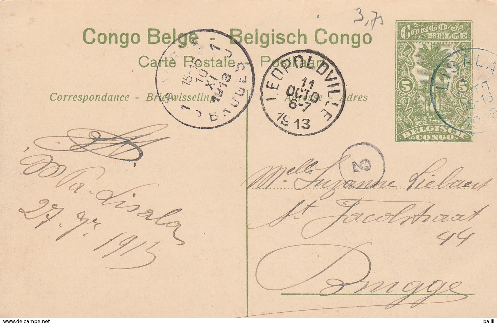 Congo Belge Entier Postal Illustré Pour La Belgique 1913 - Interi Postali