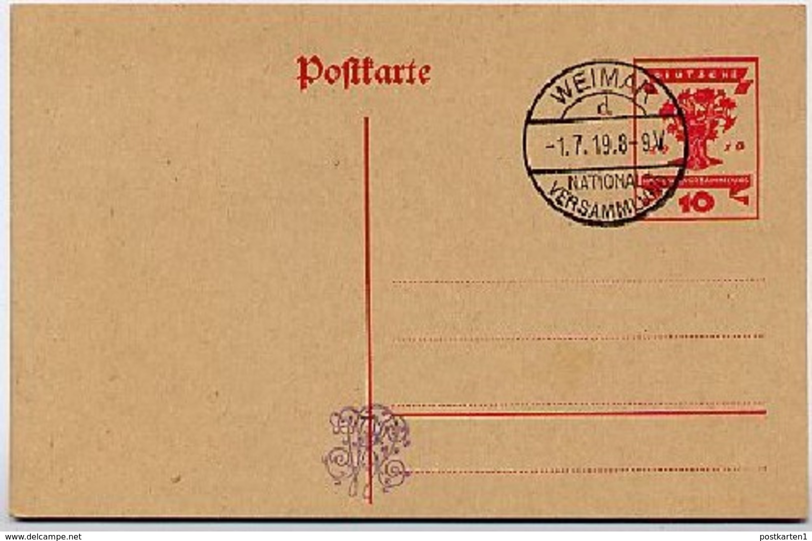 DR  P115  Postkarte Nationalversammlung Sost. Weimar 1.7.1919  Kat. 15,00 € - Postkarten