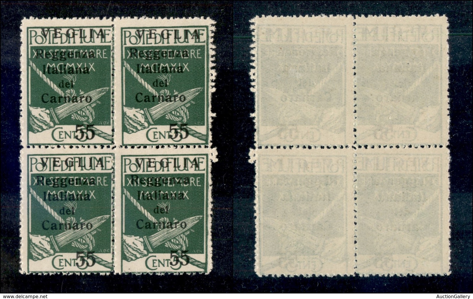 22159 OCCUPAZIONI - VEGLIA - 1920 - Quartina Del 55 Cent Su 5 Verde (10l) - Traccia Di Doppia Dentellatura Verticale - G - Andere & Zonder Classificatie