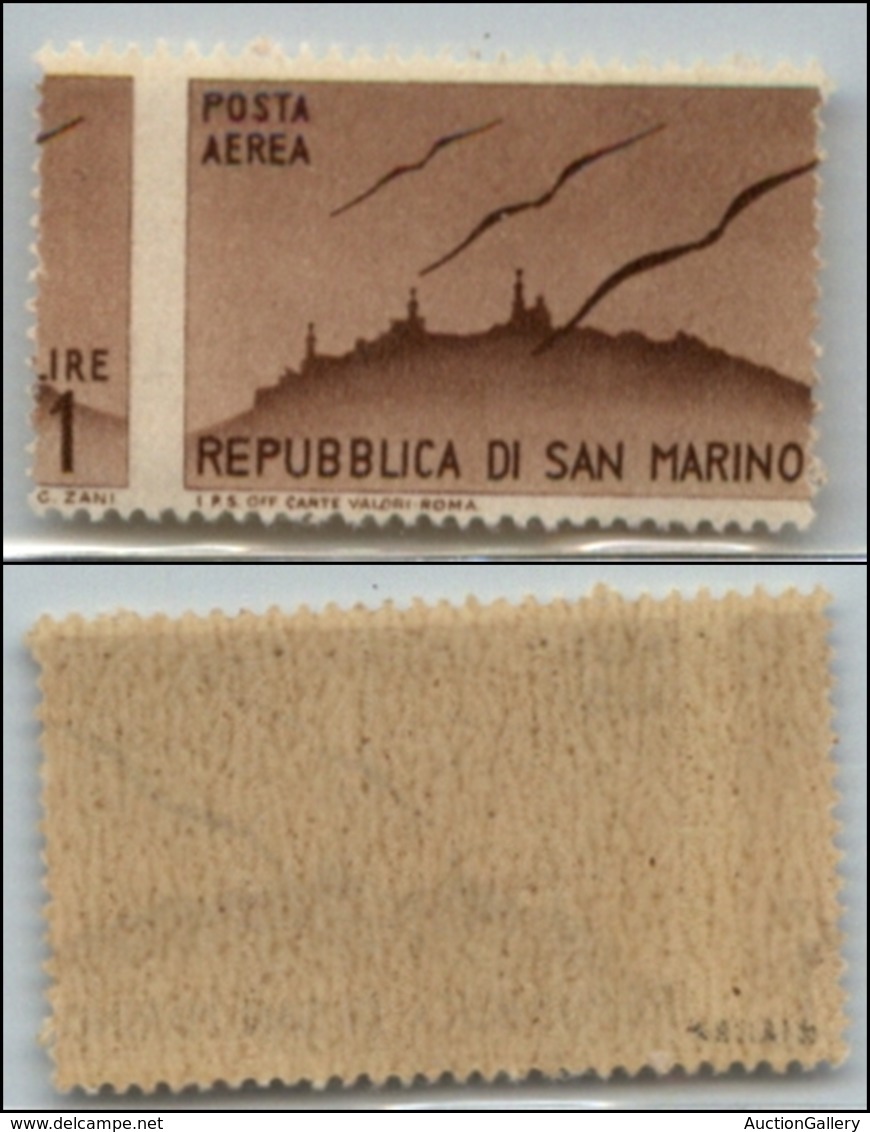 23745 SAN MARINO - POSTA AEREA - 1946 - 1 Lira (52dc-Aerea) Con Dentellatura  Verticale Spostata - Gomma Integra (75) - Andere & Zonder Classificatie