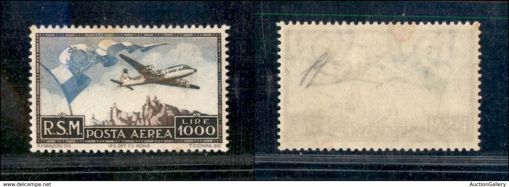 23753 SAN MARINO - POSTA AEREA - 1951 - Posta Aerea - 1000 Lire Bandiera E Aereo (99) - Gomma Integra - Leggero Ingialli - Andere & Zonder Classificatie