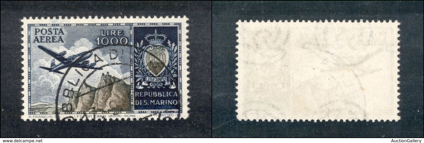 23755 SAN MARINO - POSTA AEREA - 1954 - 1000 Lire Aereo Veduta E Stemma Posta Aerea (112) - Usato (125) - Andere & Zonder Classificatie