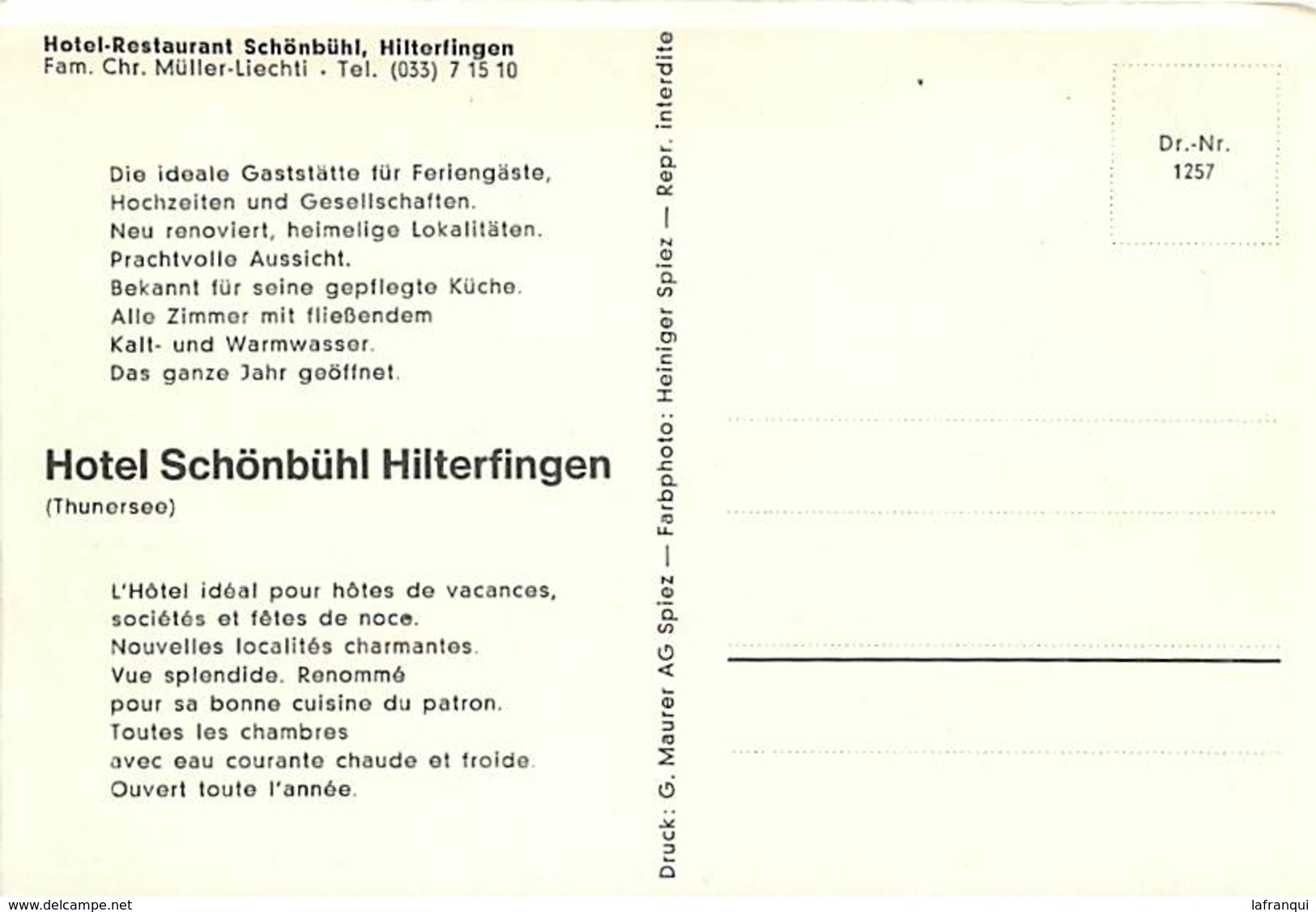 Suisse - Ref D277- Hotel Schonbuhl Hilterfingen - Thunersee - Carte Bon Etat - - Hilterfingen