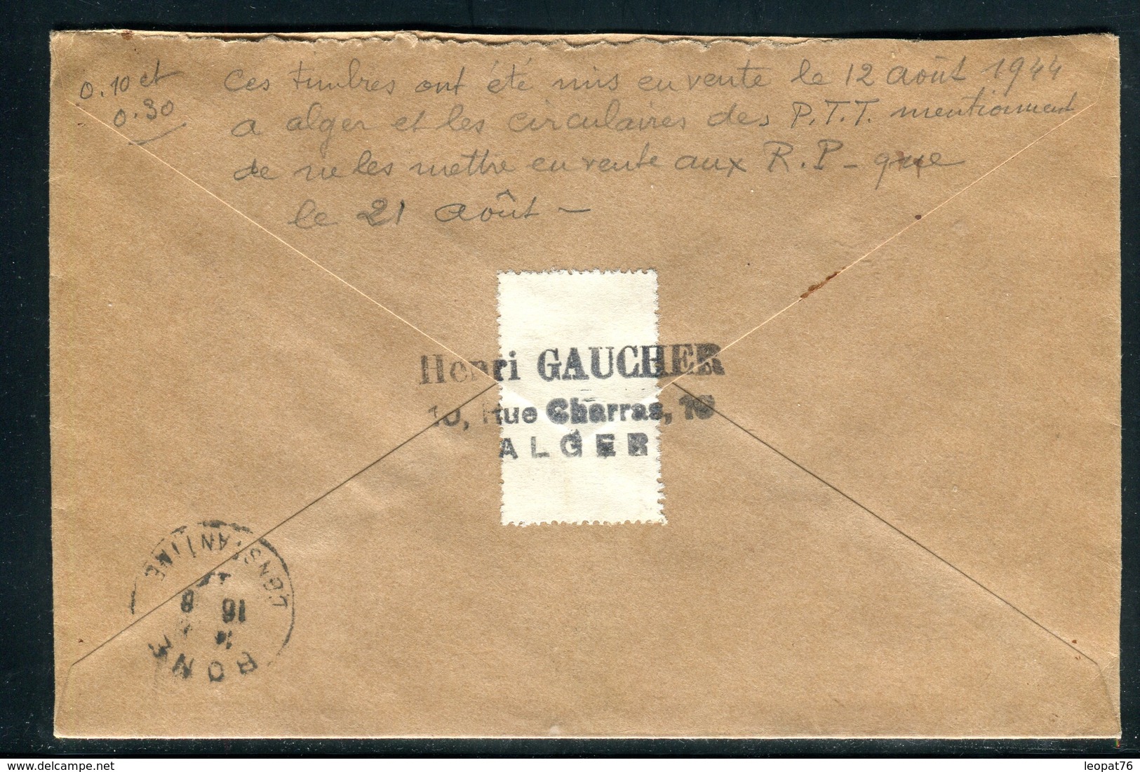 Algérie - Utilisation De Timbres Le 12 Août 1944 ( Sortie Officielle Le 21 Août ) Sur Enveloppe En Recommandé De Alger - Briefe U. Dokumente