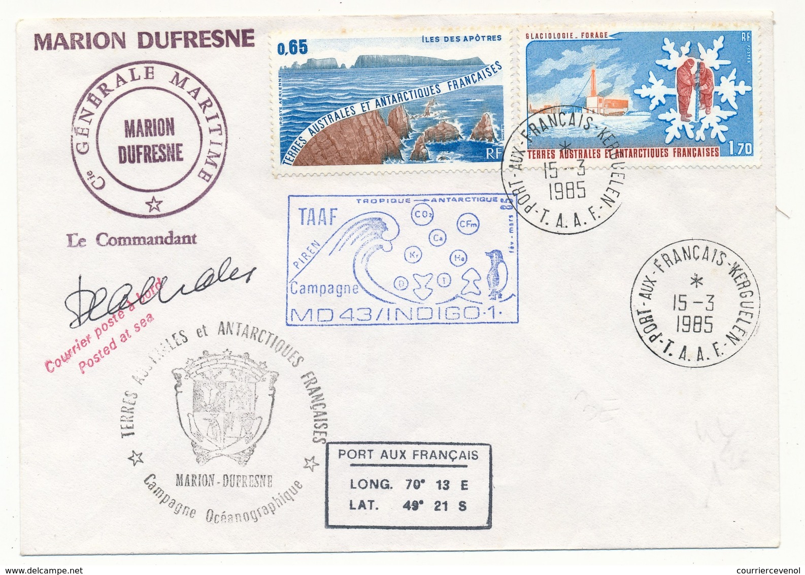 TAAF - Enveloppe Cachets MD43 / Indigo 1 - Marion Dufresne - Port Aux Français Kerguelen 15/3/1985 - Briefe U. Dokumente