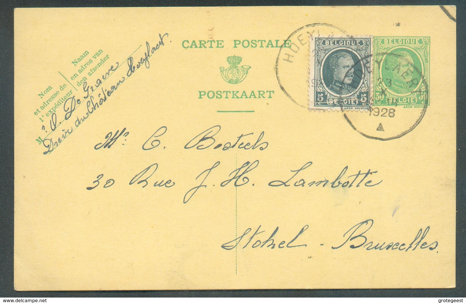 E.P. Carte Houyoux 30c. + Tp 5c. Obl. Sc HOEYLAERT 23-X-1928 Vers Stockel.  - 13021 - Postcards 1909-1934