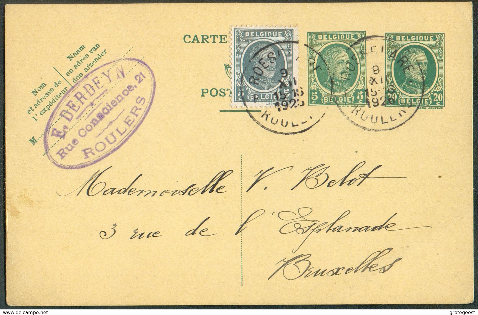 E.P. Carte Houyoux 20 + 5c. + Tp 5c. Obl. Sc ROULERS ROESELAERE Exp. DERDEYN Le 9-XII-1926 Vers Bruxelles - 13023 - Postcards 1909-1934