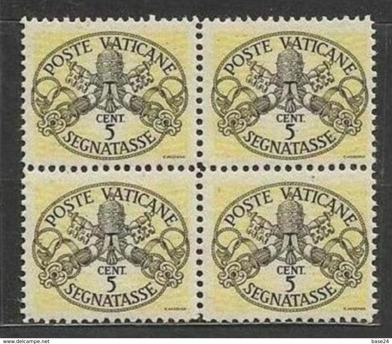 1946 Vaticano Vatican SEGNATASSE  POSTAGE DUE 5c Giallo (x4) Righe Larghe Carta Bianca Quartina MNH** Firm.Biondi Bl.4 - Taxes