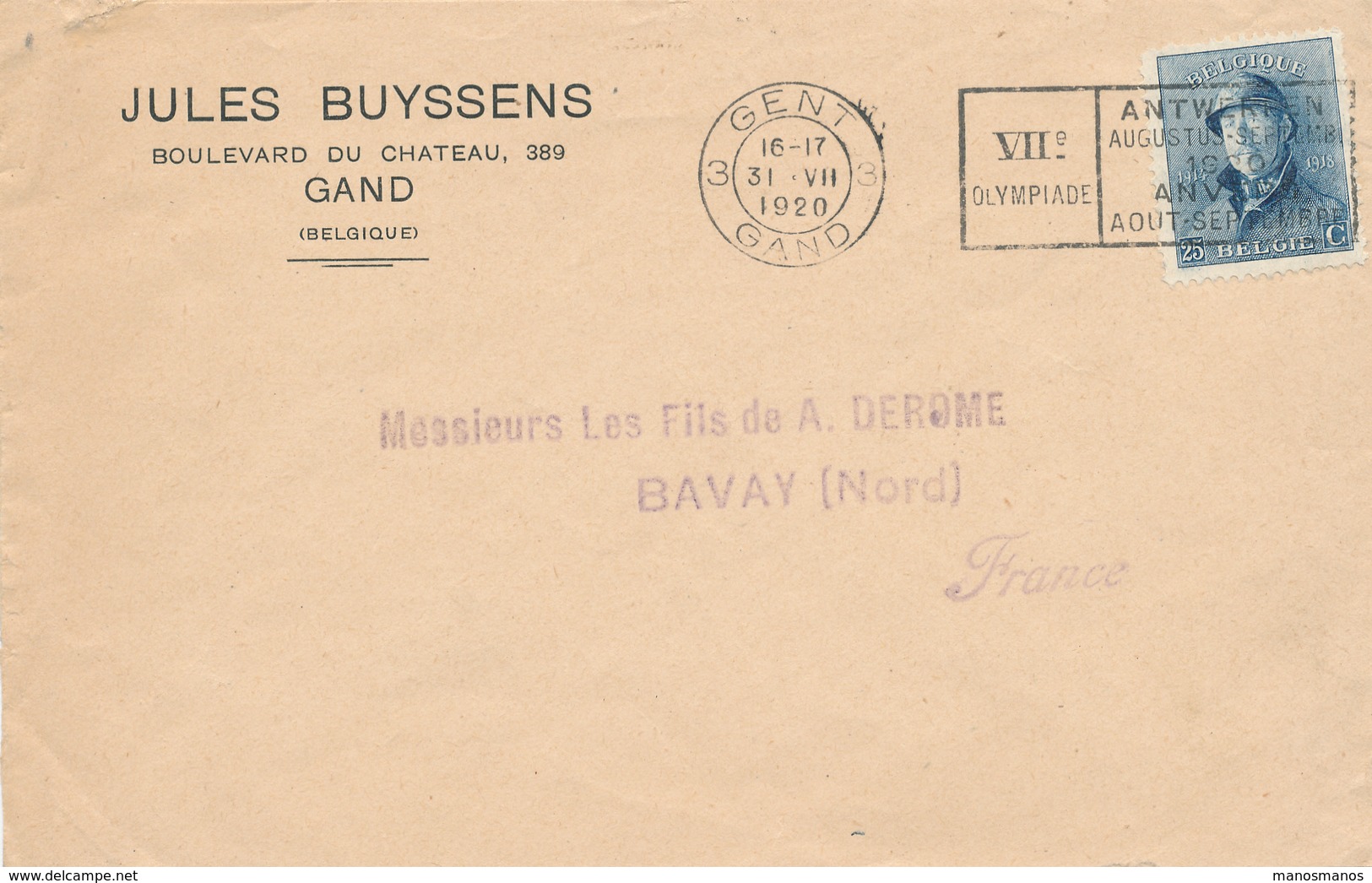 048/27 - JEUX OLYMPIQUES ANVERS 1920 - Lettre TP Casqué 25 C - Cachet Mécanique J.O GAND 3 Vers La France - Ete 1920: Anvers