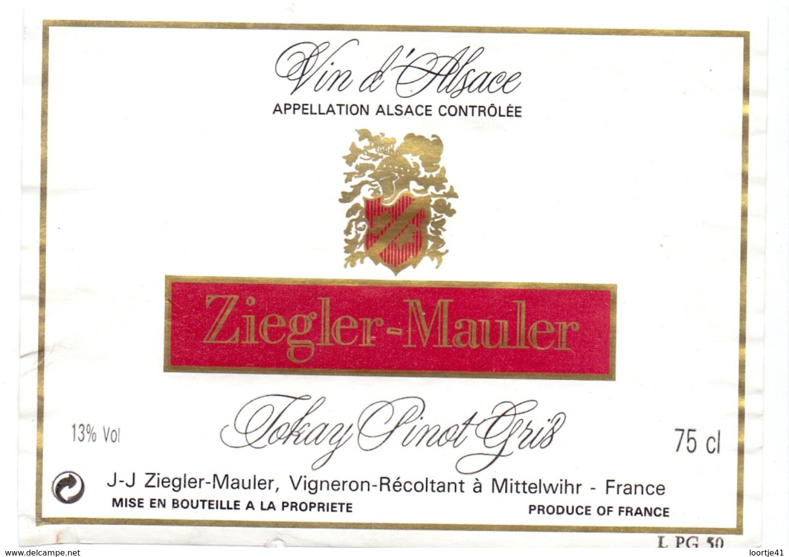 Etiket Etiquette - Vin - Wijn - Vin D' Alsace - Tokay Pinot Gris - Ziegler Mauler - Riesling