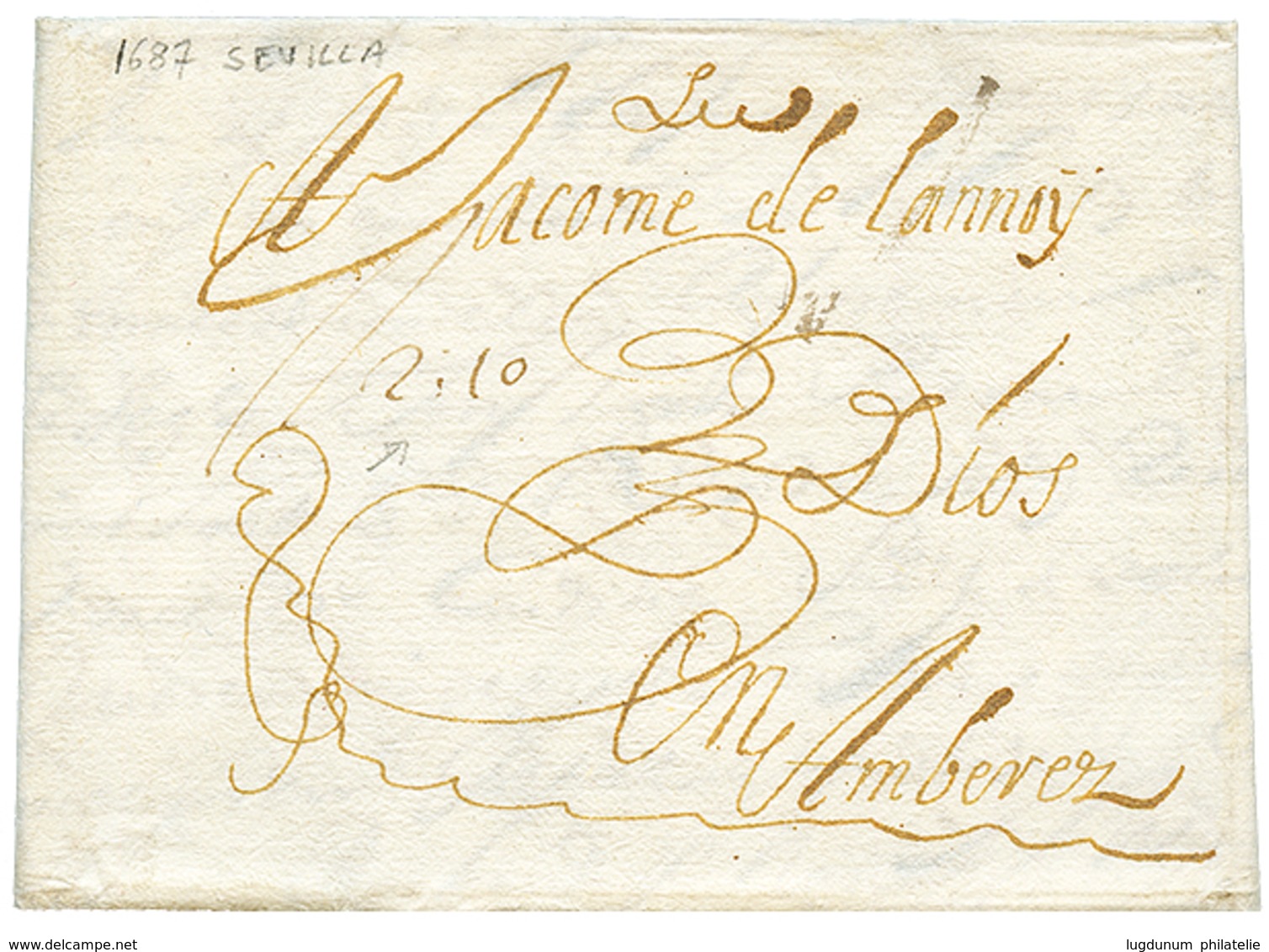 302 1687 Taxe "2.10" Manus. Sur Lettre Avec Texte De SEVILLE (ESPAGNE) Pour AMBEREZ(ANVERS BELGIQUE). TTB. - Andere & Zonder Classificatie