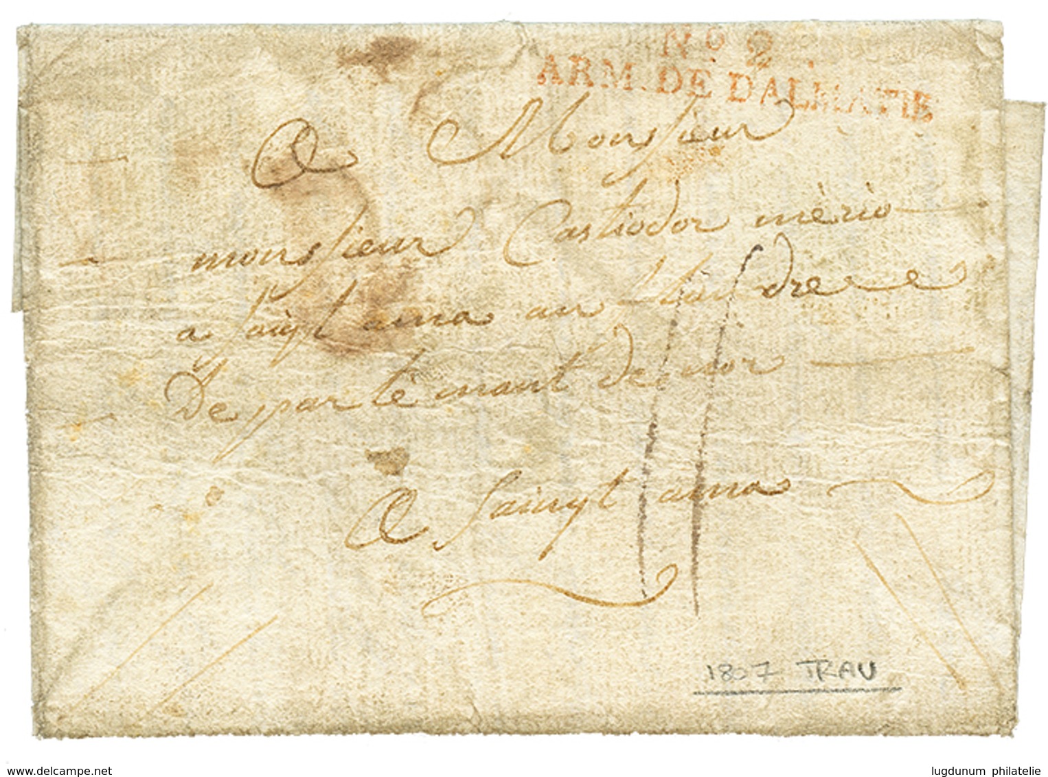 322 "TRAU ILLYRIE" : 1807 N°2 ARM. DE DALMATIE Rouge Sur Lettre Avec Texte Daté "TRAU" Pour La FRANCE. TB. - Legerstempels (voor 1900)