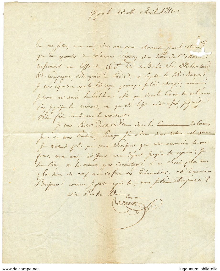 325 1810 N° 16 ARM. D' ALLEMAGNE Rouge Sur Lettre Avec Texte De GLOGAU Pour La FRANCE. Verso, Cachet Rare BARATTE COMMIS - Marques D'armée (avant 1900)