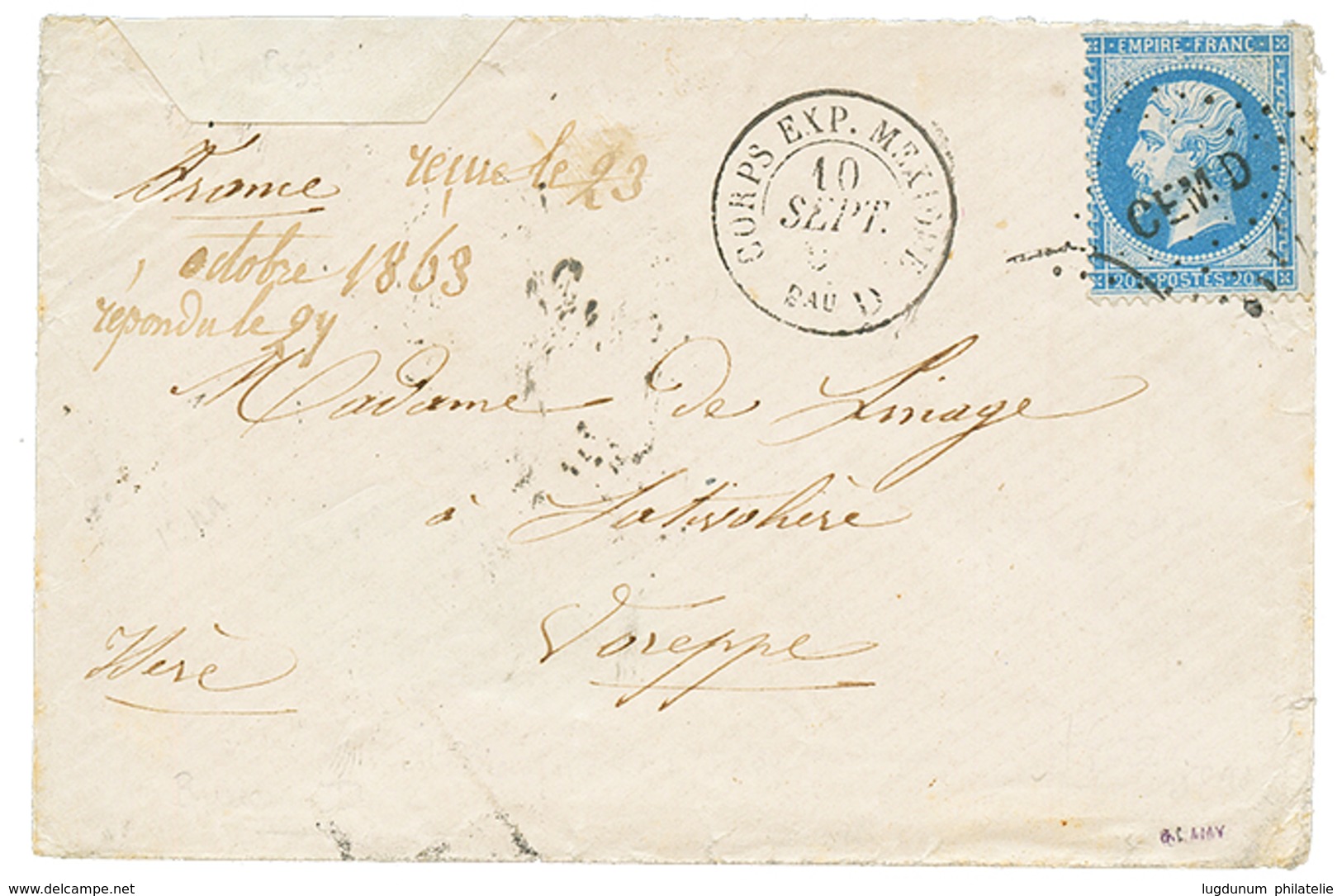 346 1863 20c(n°22) Obl. CEMD + CORPS EXP. MEXIQUE Bau D Sur Envelope(pd) Pour La FRANCE. Signé LAMY. TTB. - Marques D'armée (avant 1900)