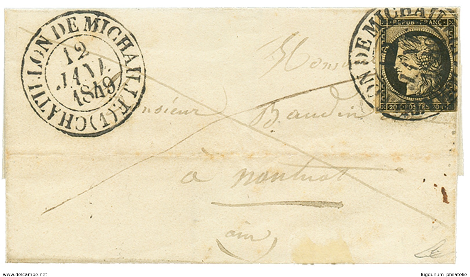 350 1849 20c Noir(n°3) Obl. Grand Cachet T.13 CHATILLON DE MICHAILLE Sur Lettre Pour NANTUA. RARE. Superbe. - 1849-1850 Cérès