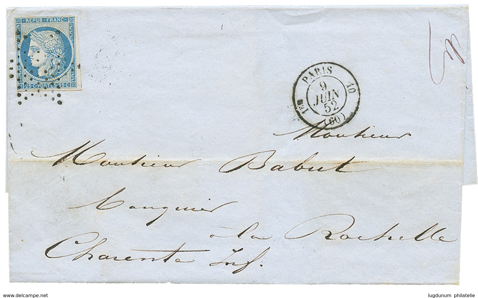 359 1852 25c CERES(n°4) Obl. Etoile + Cachet 1er PARIS 10 Sur Lettre Pour LA ROCHELLE. Superbe. - 1849-1850 Ceres