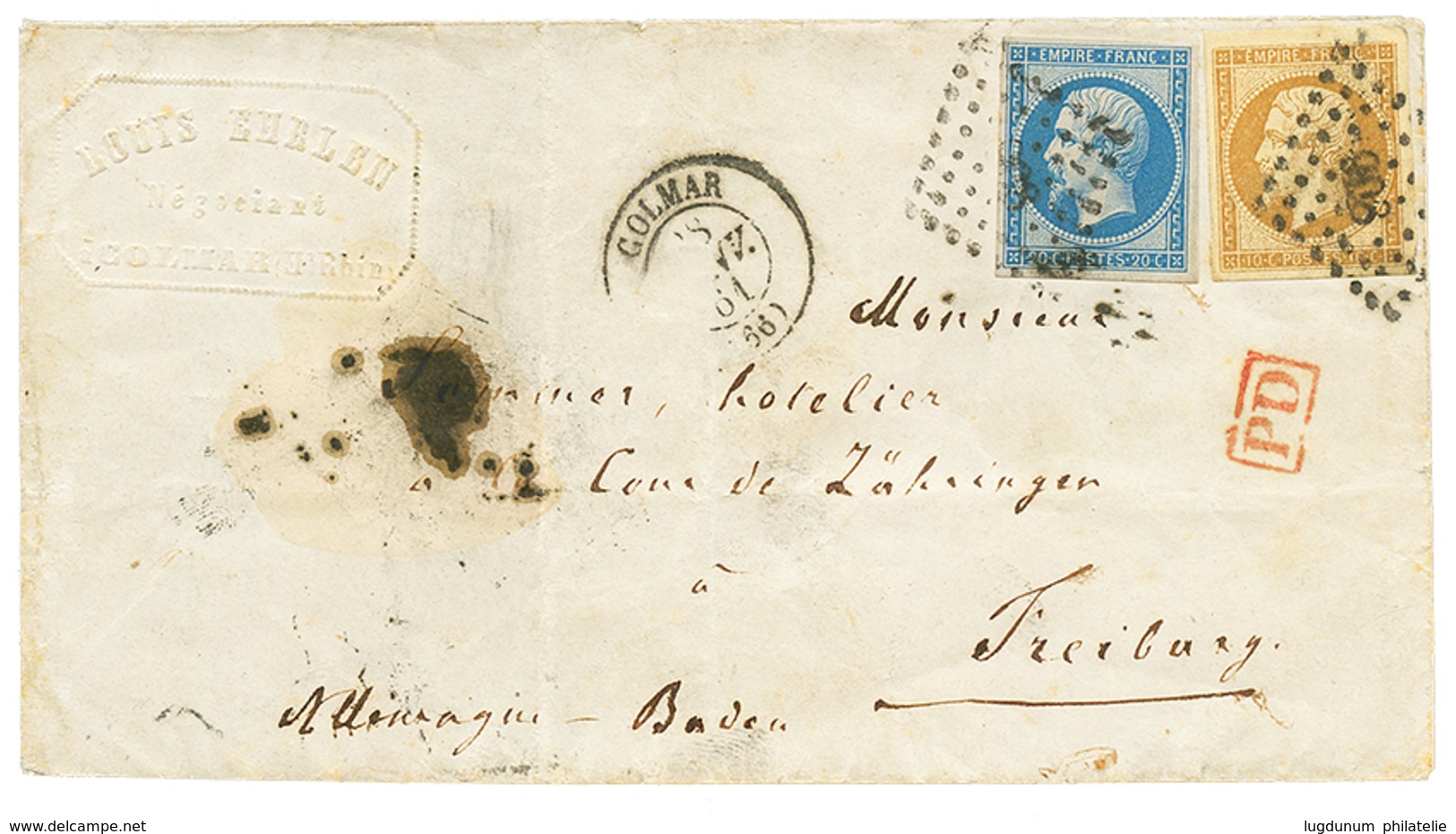 374 "Tarif à 30c Pour Le DUCHE De BADE" : 1861 10c(n°13) + 20c(n°14) TTB Margés Obl. PC Sur Lettre De COLMAR Pour FREIBU - 1853-1860 Napoléon III