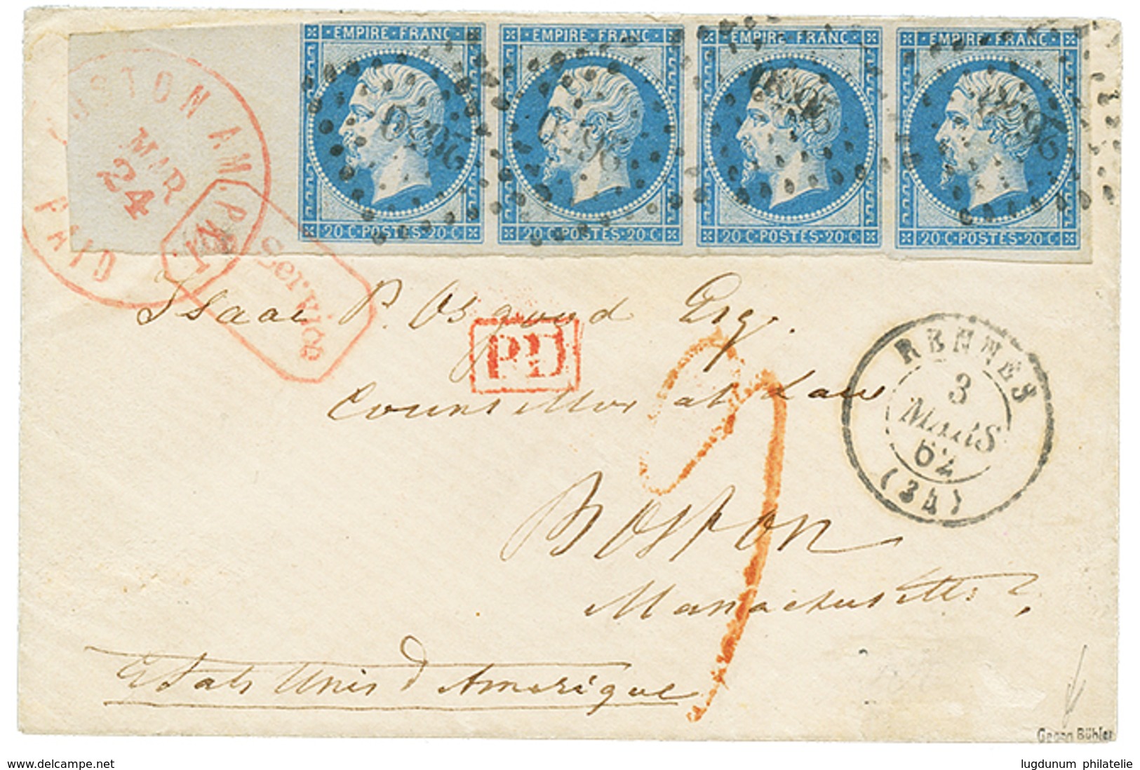 384 1862 20c(n°14) Bande 4 Avec Bord De Feuille Intégral Obl. PC 2650 + T.15 RENNES + Taxe 9 Rouge + BOSTON A.M PKT PAID - 1853-1860 Napoleon III