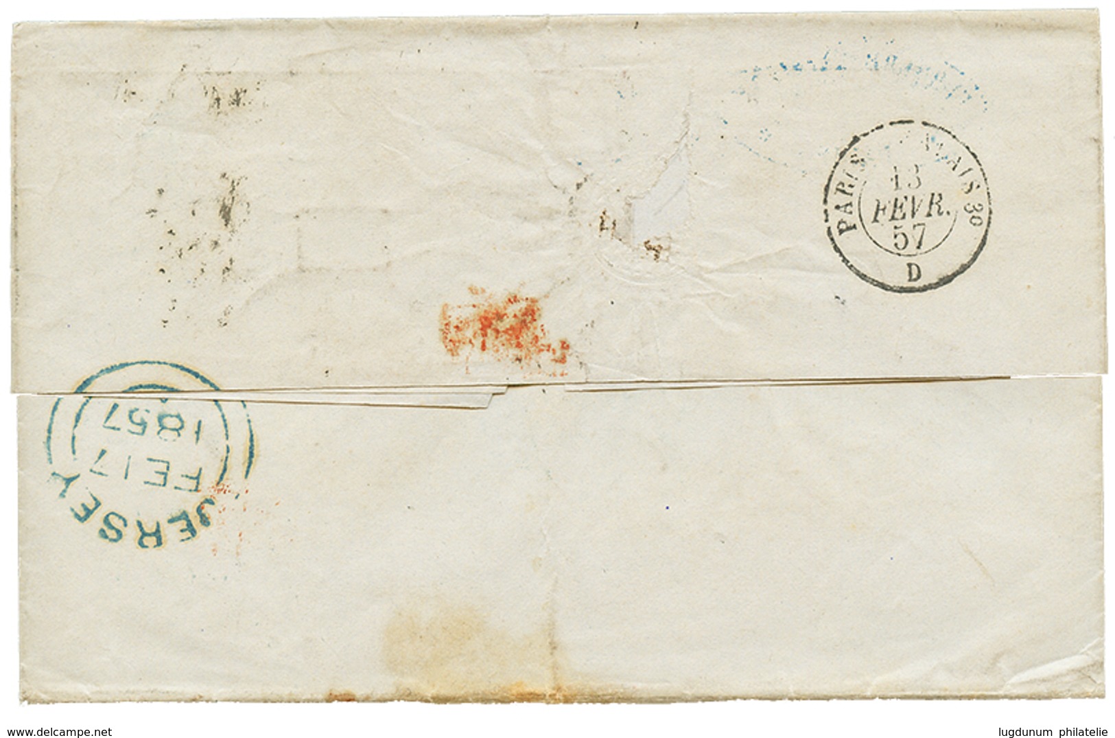 387 1857 40c(n°16) TB Margé Obl. Sur Lettre De PARIS Pour JERSEY. Superbe Cachet D' Arrivée Au Verso. TB. - 1853-1860 Napoleon III