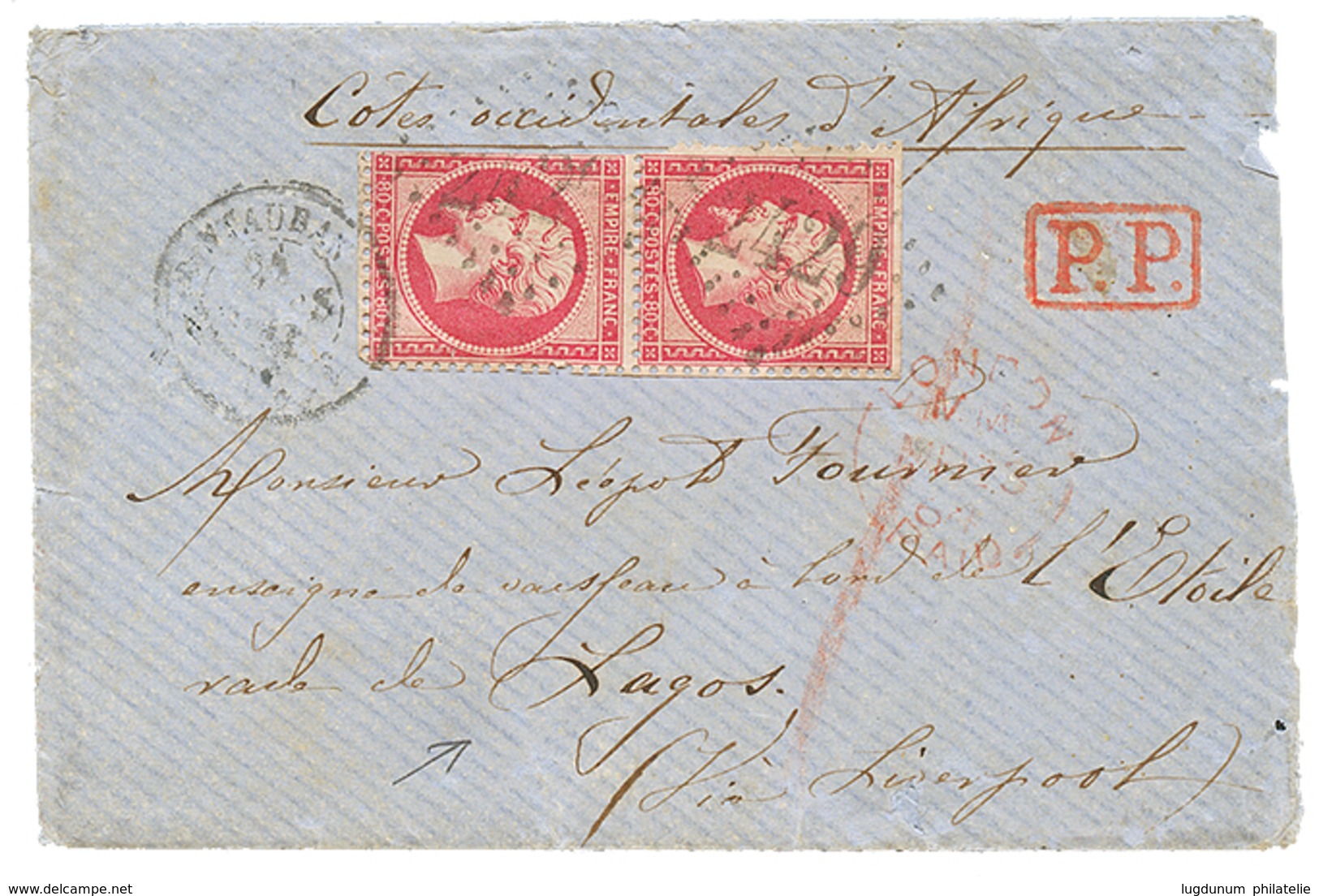 400 "Double Port Pour LAGOS" : 1864 Paire 80c Def. Obl. GC 2429 + T.15 MONTAUBAN Sur Enveloppe(pd) Avec Texte Complet (8 - 1863-1870 Napoléon III Lauré