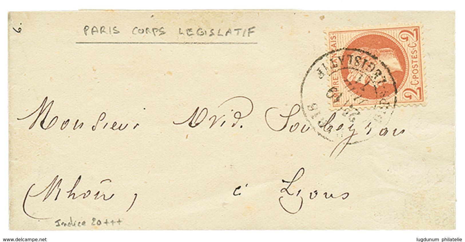 405 1871 2c(n°26) Obl. Cachet PARIS CORPS LEGISLATIF Sur Bande D'imprimée Complète. RARE Sur Timbre. TB. - 1863-1870 Napoleon III Gelauwerd