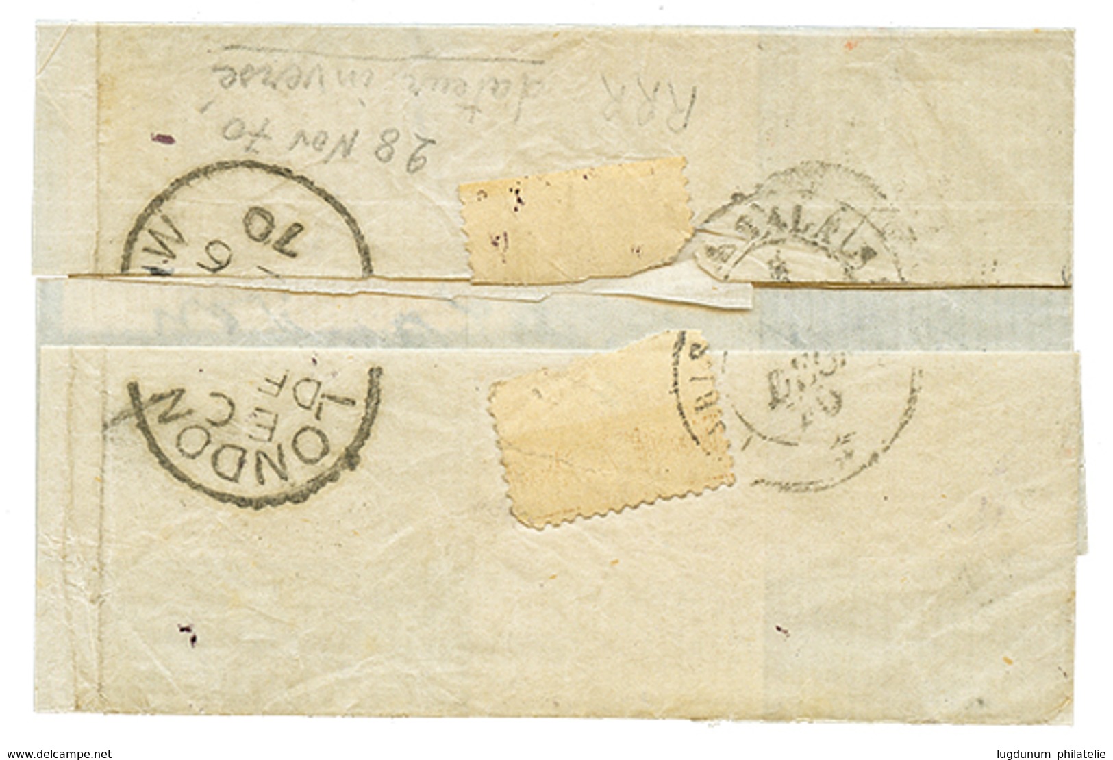 433 10c(n°28)x3 Obl. PARIS SC Rouge 28 Nov 70 (dateur Inversé) Sur Lettre Pour BAYSWATER (ANGLETERRE). Verso, LONDON 6 D - Oorlog 1870