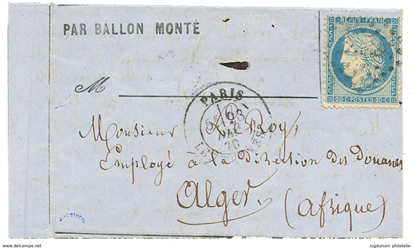 436 "BALLON-MONTE Pour L' ALGERIE" : 20c(n°37) Obl. GC + PARIS LES TERNES 23 Dec 70 Sur Lettre Avec Texte Pour ALGER, AF - Oorlog 1870