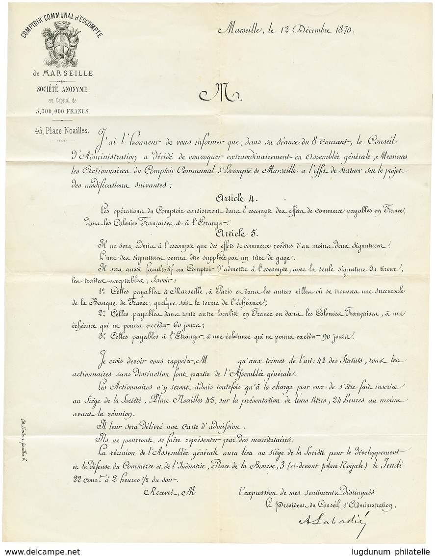 448 1870 1c BORDEAUX(n°39) TB Margé Obl.MARSEILLE Seul Sur IMPRIME Complet Sans Bande Adresse. Rare Seul Sur Lettre (Cot - 1870 Bordeaux Printing