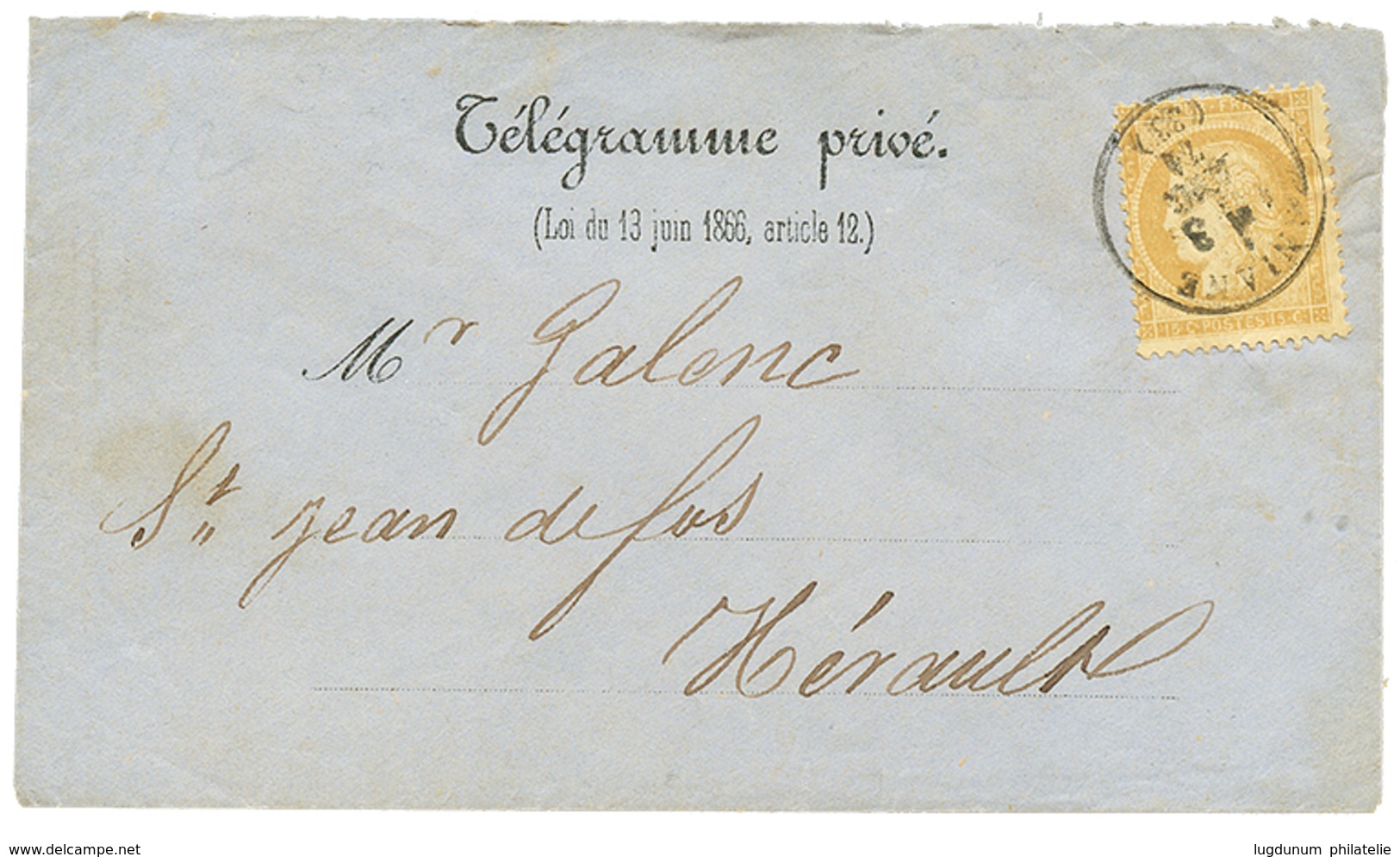 454 1874 15c CERES Obl. T.16 ANIANE Sur Enveloppe TELEGRAMME. Verso, Cachet STATION ANIANE. TTB. - 1871-1875 Cérès