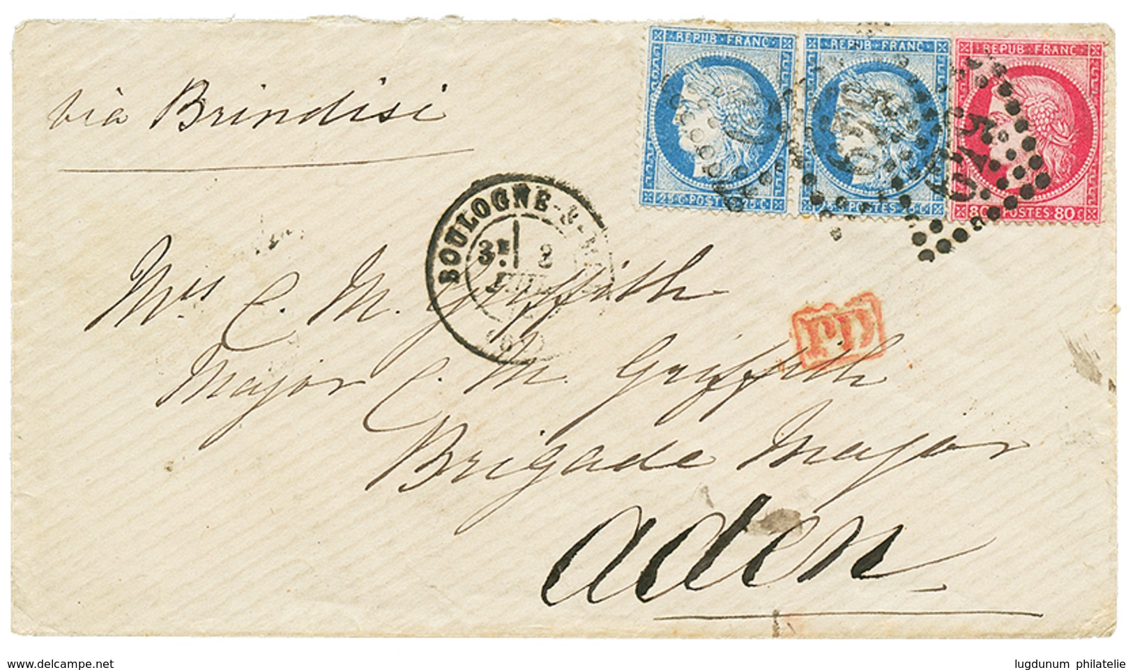 462 1874 CERES 25c(x2) + 80c Sur Env. De BOULOGNE-S-MER Pour ADEN. Affrt à 1F30 Pour Le YEMEN. TB. - 1871-1875 Cérès