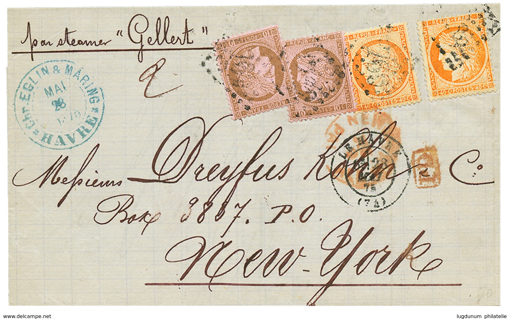 463 1875 40c SIEGE(n°38)x2 + 10c CERES(x2) Sur Lettre Du HAVRE Pour NEW YORK (USA). TTB. - 1871-1875 Ceres