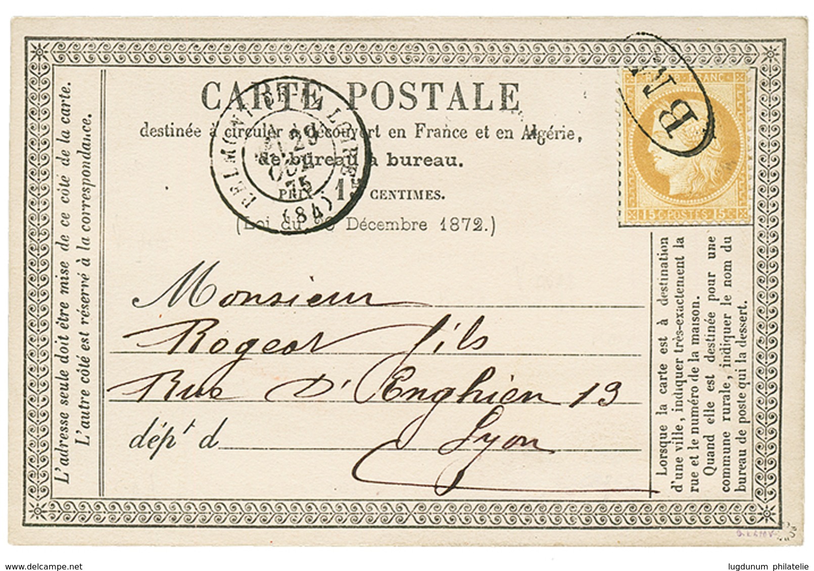 465 1875 15c CERES Obl. B.M Oval + BELMONT DE LA LOIRE Sur CARTE PRECURSEUR Datée "CHARLIEU". TTB. - 1871-1875 Ceres