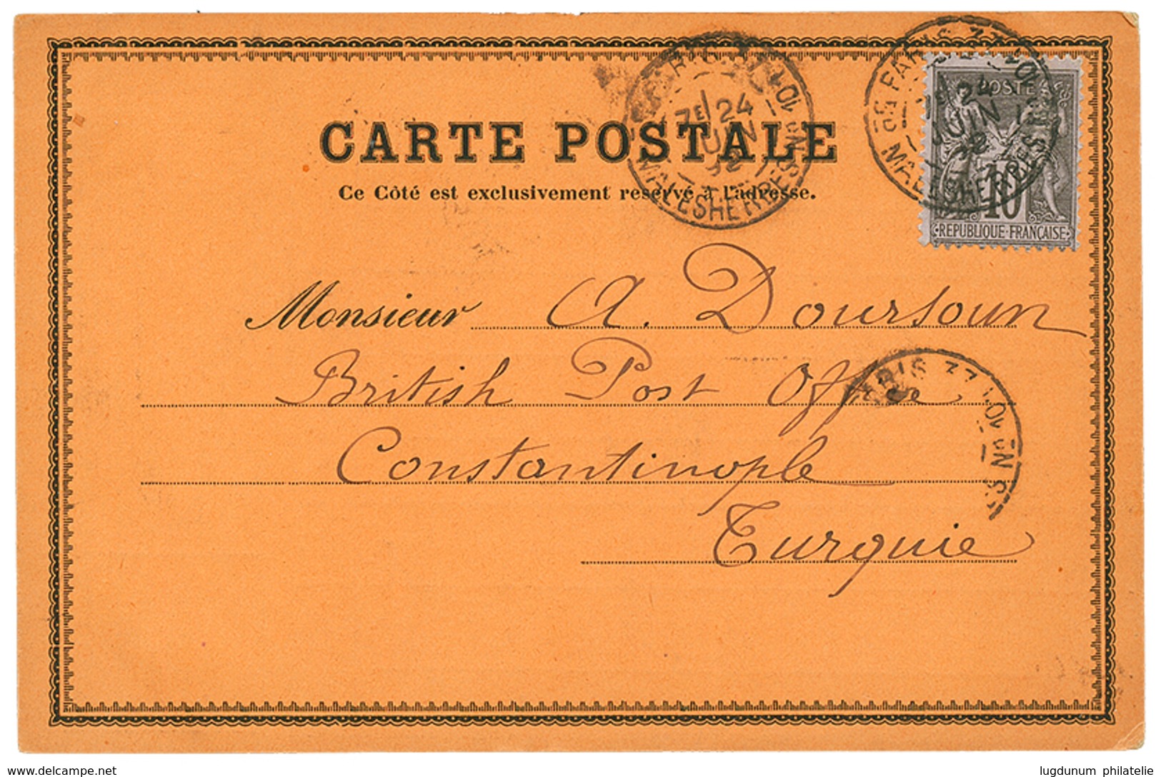 489 1892 10c SAGE Obl. PARIS Sur CARTE POSTALE Privée Orange Pour Le Bureau Anglais De CONSTANTINOPLE. TB. - 1876-1878 Sage (Type I)