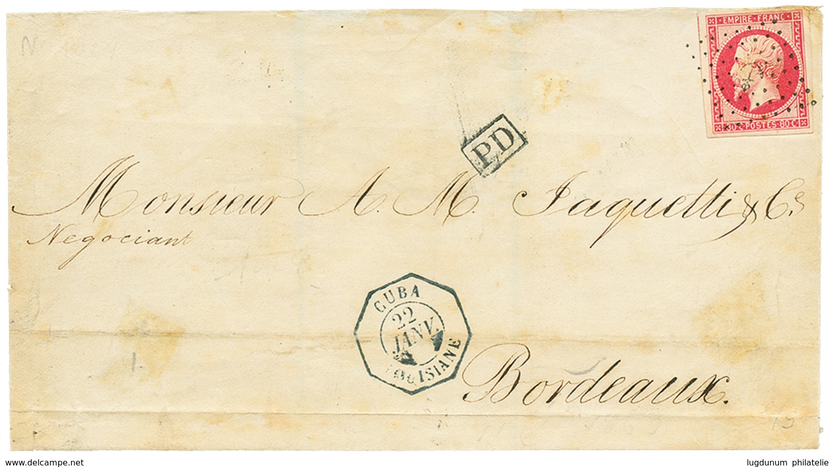 528 CUBA - French Mail : 1863 80c(n°17) TTB Margé Obl. ANCRE + Très Rare Cachet CUBA LOUISIANE Sur Lettre De SANTIAGO DE - Maritieme Post