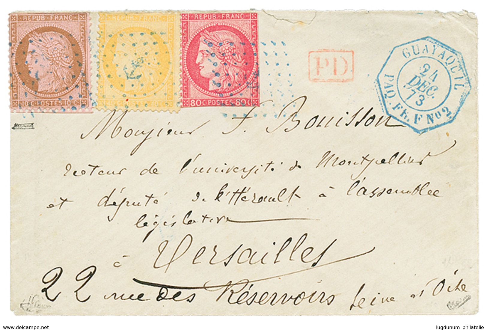 537 EQUATEUR : 1873 40c SIEGE (n°38) + 10c CERES(n°58) + 80c CERES(n°57) Dents Coupés Obl. ANCRE + Cachet Rarissime GUAY - Maritieme Post