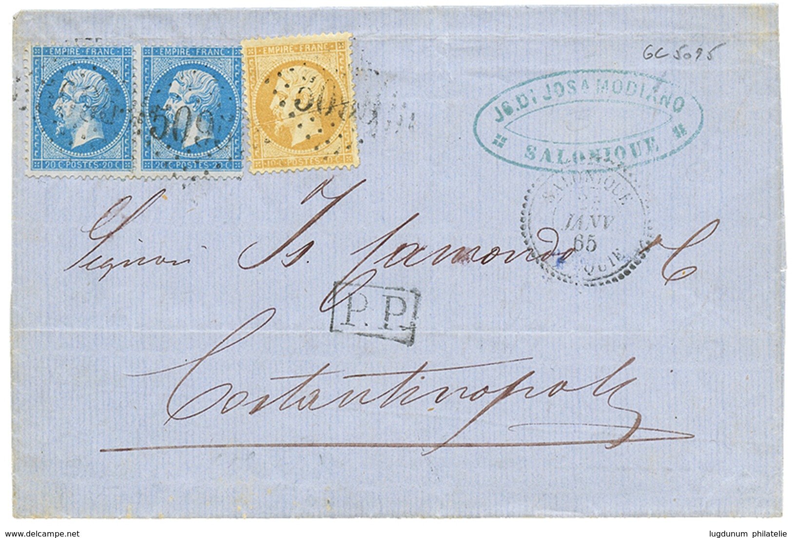 585 1865 10c(n°21) + Paire 20c(n°22) Obl. GC 5095 + SALONIQUE TURQUIE Sur Lettre Pour CONSTANTINOPLE. TB. - Andere & Zonder Classificatie