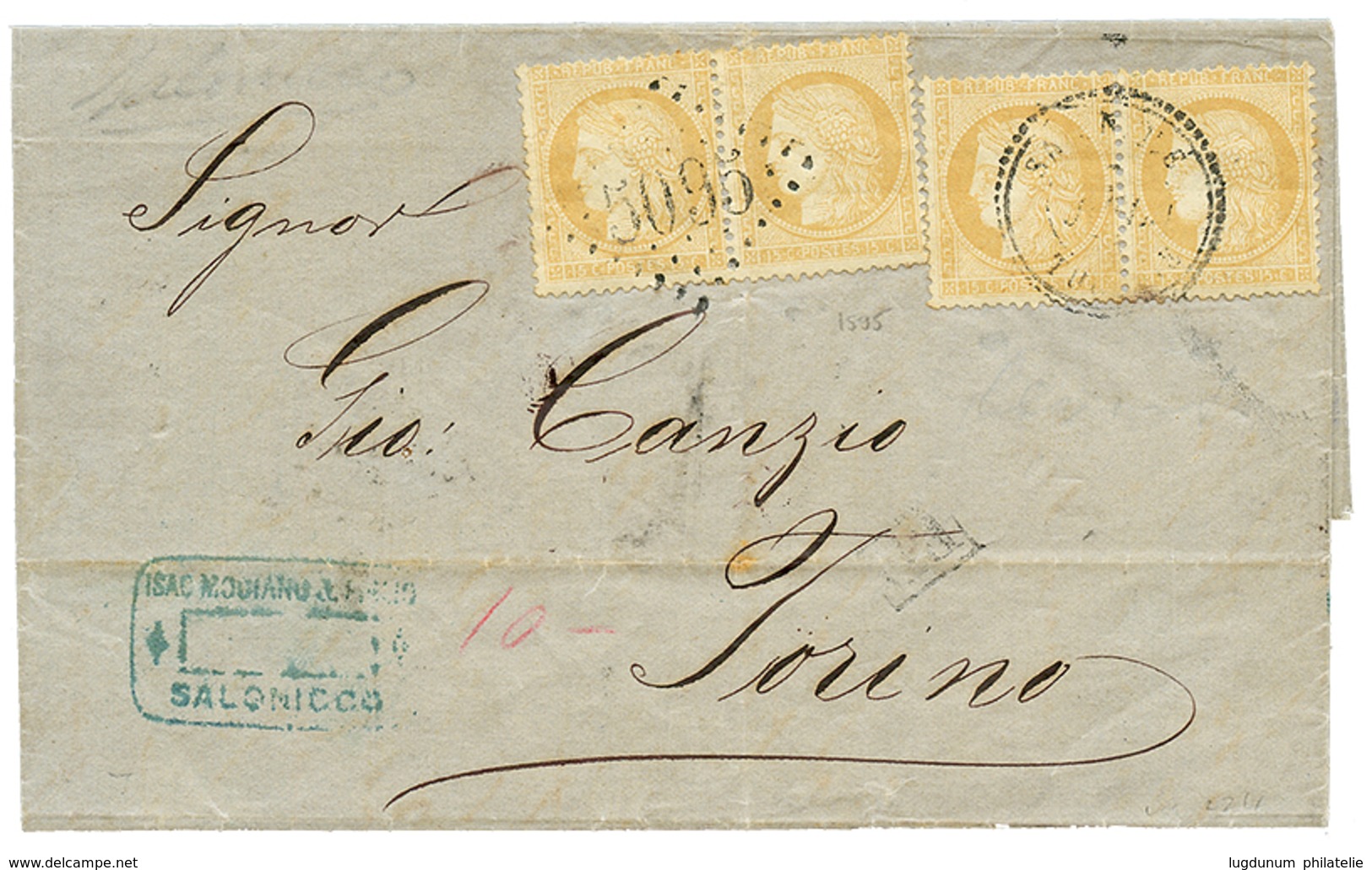 587 1871 Paire 15c CERES Obl. GC 5095 + Paire 15 CERES Obl. Cachet SALONIQUE TURQUIE Sur Lettre Pour L' ITALIE. TB. - Andere & Zonder Classificatie