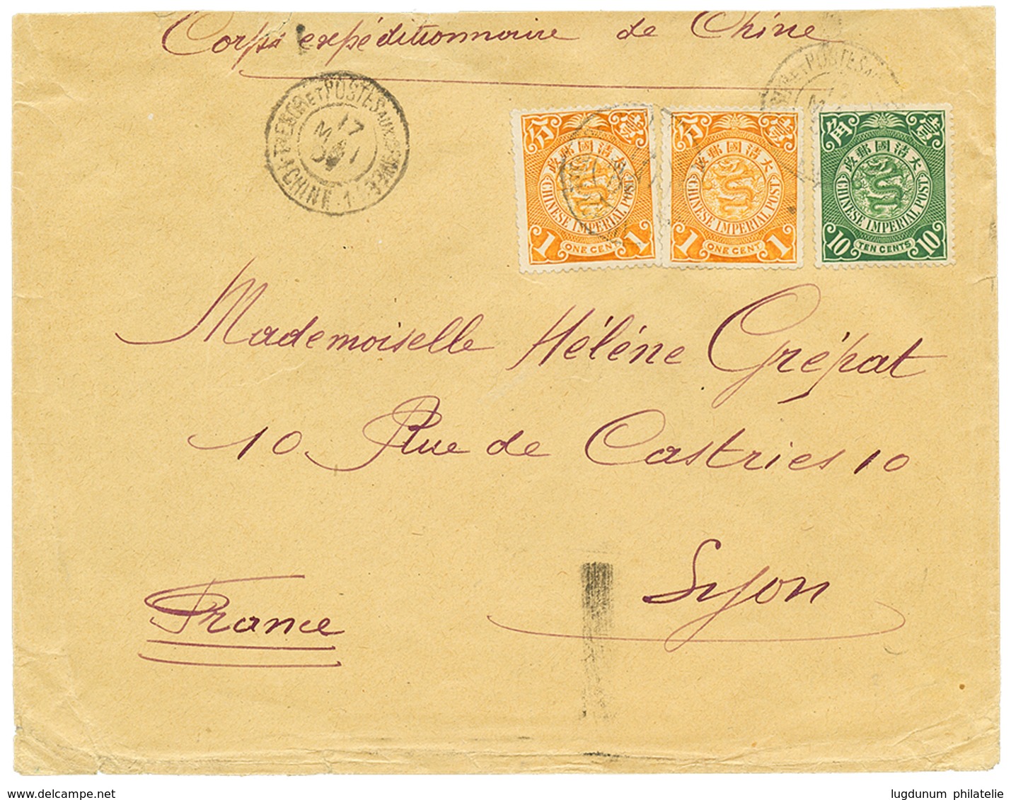 747 1901 CHINA 1c(x2) + 10c Obl. Cachet Militaire Français TRESOR ET POSTES AUX ARMEES 1 CHINE 1 Sur Enveloppe Pour La F - Andere & Zonder Classificatie