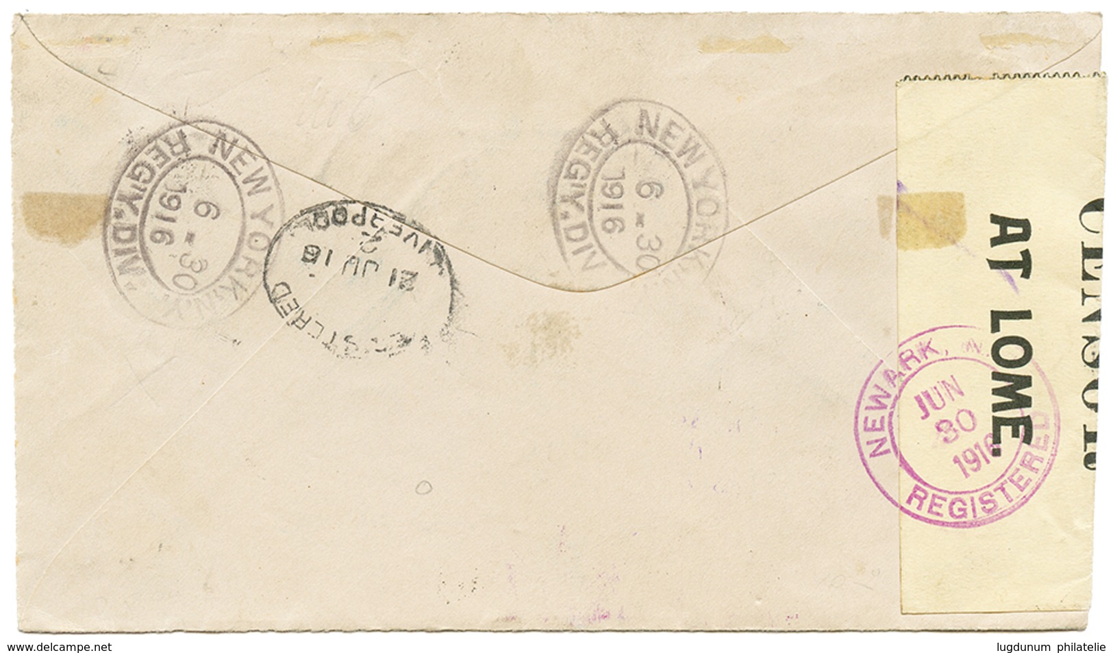 918 1916 ANGLO-FRENCH OCCUPATION 20 SHILLING Canc. LOME + CENSOR On Registered Cover To USA. Vvf. - Andere & Zonder Classificatie