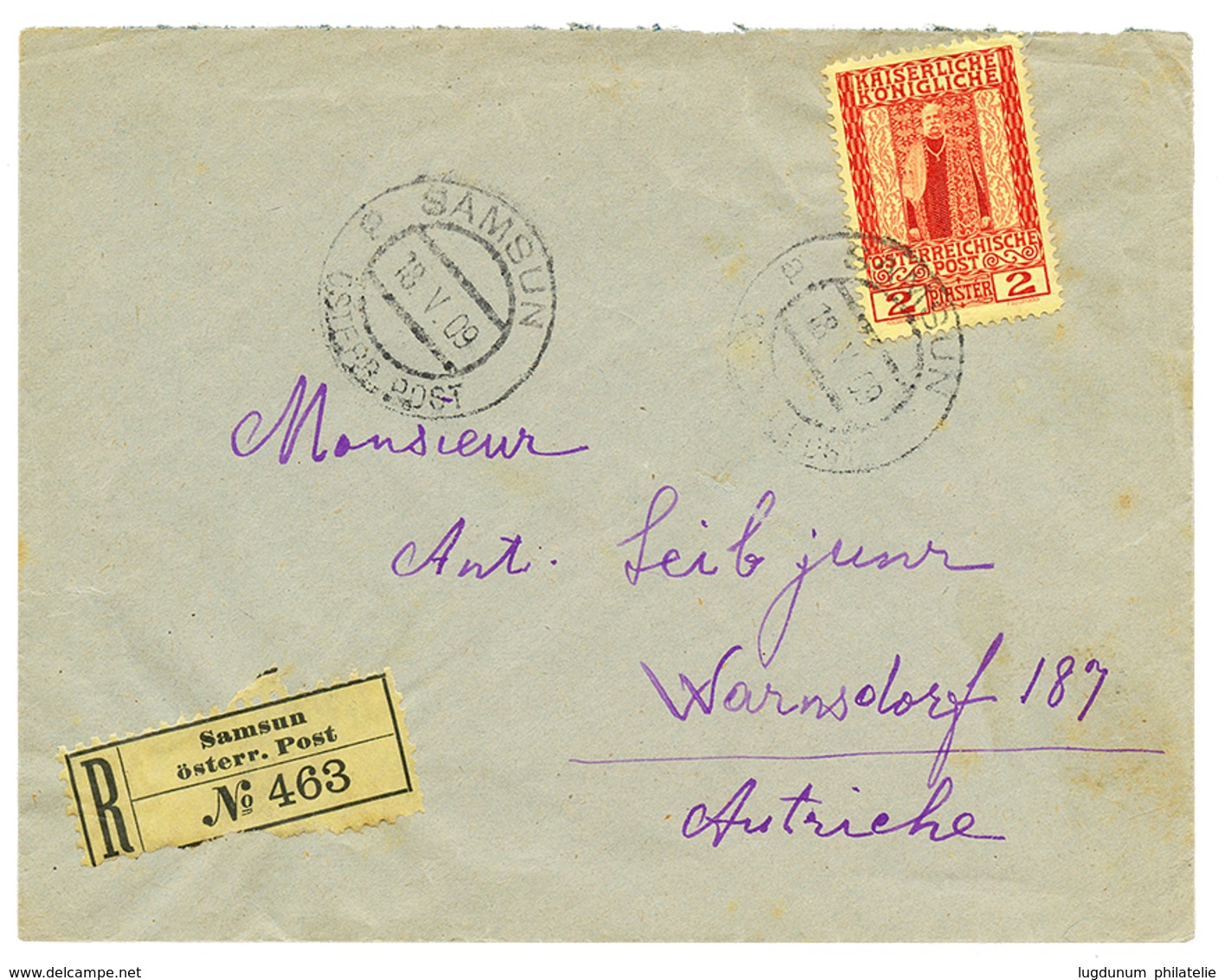 983 "SAMSUN" : 1909 2P Canc. SAMSUN On REGISTERED Envelope To WARNSDORF(AUSTRIA). Vvf. - Oostenrijkse Levant