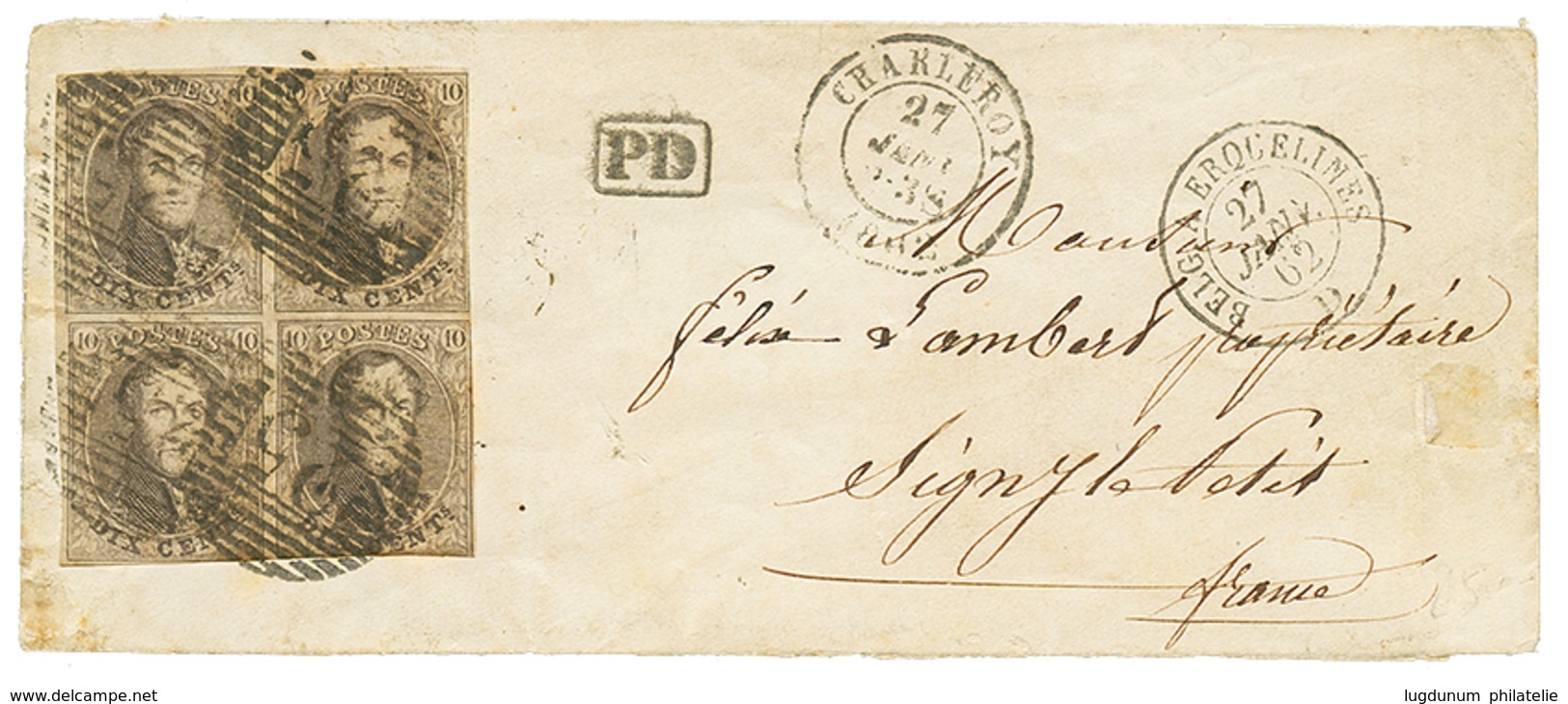 996 1862 10c Bloc De 4 Just Touched At Base Canc. 25 àn Envelope From CHARLEROY To FRANCE. Scarce. Vvf. - Andere & Zonder Classificatie