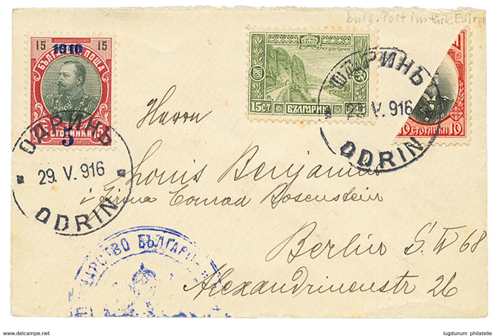 1009 1916 BULGARIA Bisect 10c + 15c+ 5 On 15c Canc. ADRIN On Envelope (CENSOR Label On Reverse) To BERLIN. Vvf. - Andere & Zonder Classificatie