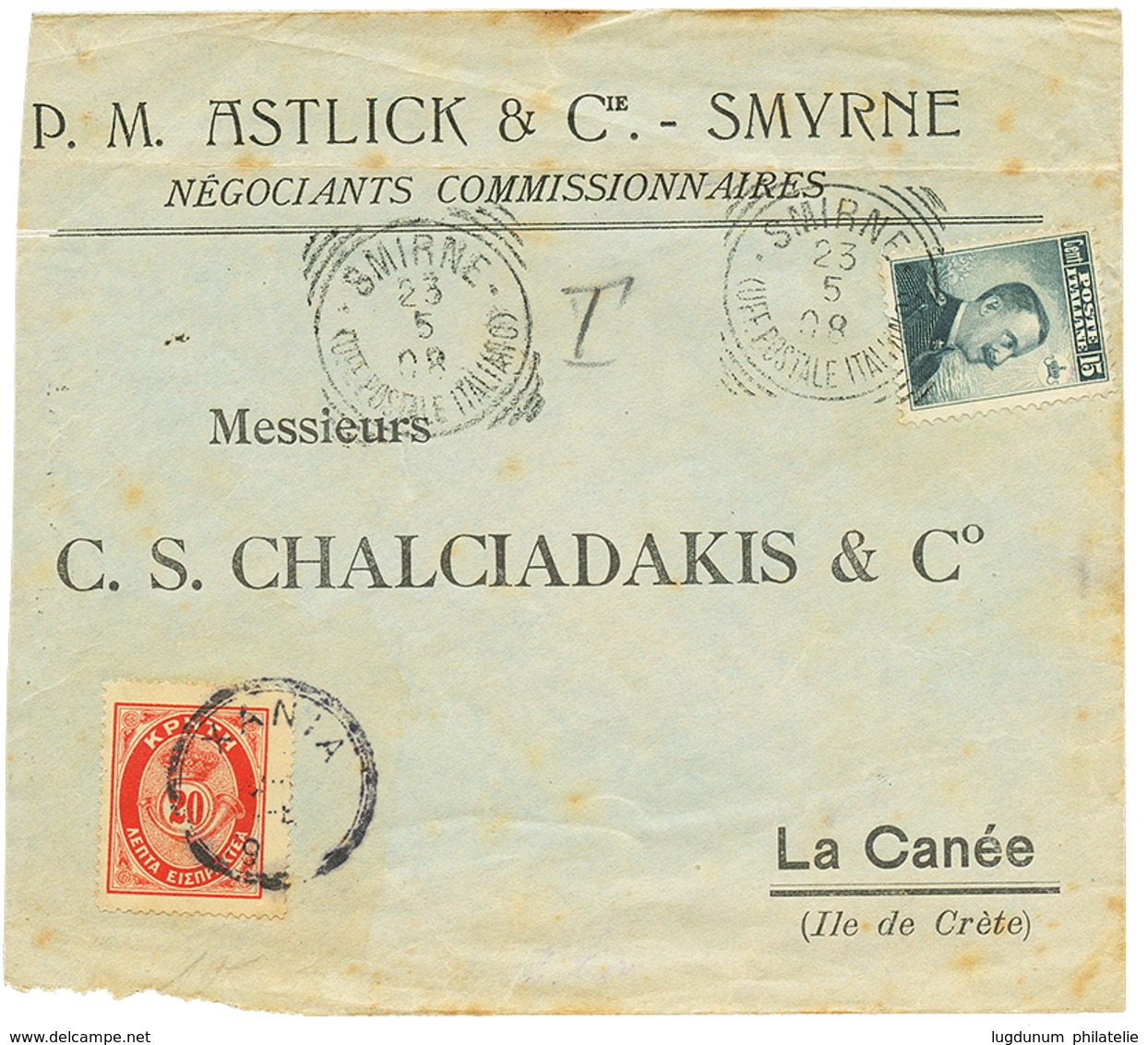 1011 1908 ITALY 15c Canc. SMIRNE On Envelope(fault) To LA CANEE Taxed With CRETE 20l POSTAGE DUE. Vf. - Kreta