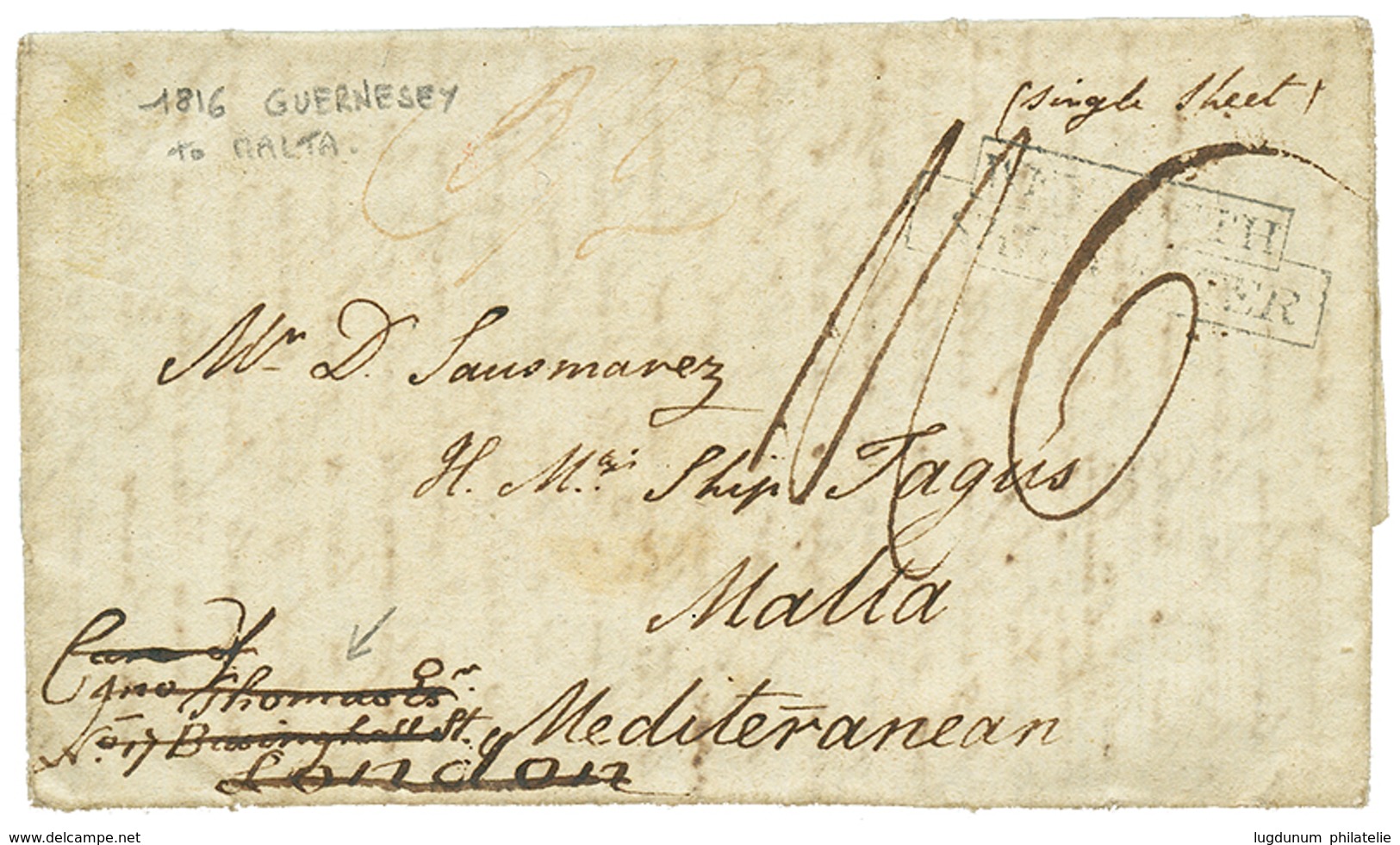 1016 "GUERNESEY To MALTA" : 1816 Entire Letter From GUERNESEY To "H.M.S TAGUS", MALTA. Vf. - Andere & Zonder Classificatie