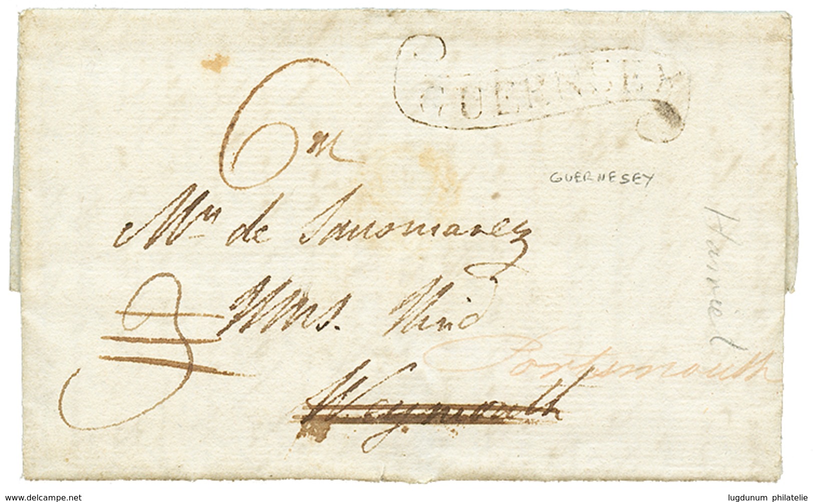 1018 1820 Scroll GUERNESEY On Entire Letter From GUERNESEY To "H.M.S HIND" WEYMOUTH. Vf. - Sonstige & Ohne Zuordnung