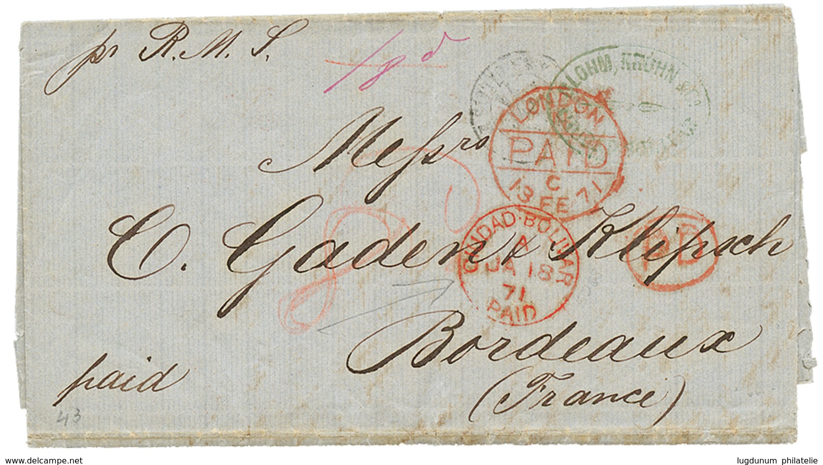 1024 British P.O - VENEZUELA : 1871 CIUDAD BOLIVAR PAID In Red + "8d" Tax Marking On Entire Letter To FRANCE. Vf. - Andere & Zonder Classificatie