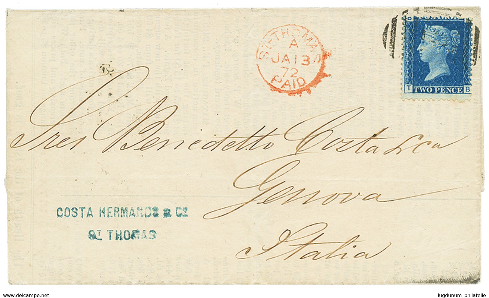 1030 BRITISH P.O ST THOMAS : 1872 GB 2d Canc. C51 + ST THOMAS PAID On Complete PRINTED MATTER From ST THOMAS To GENOVA(I - Andere & Zonder Classificatie