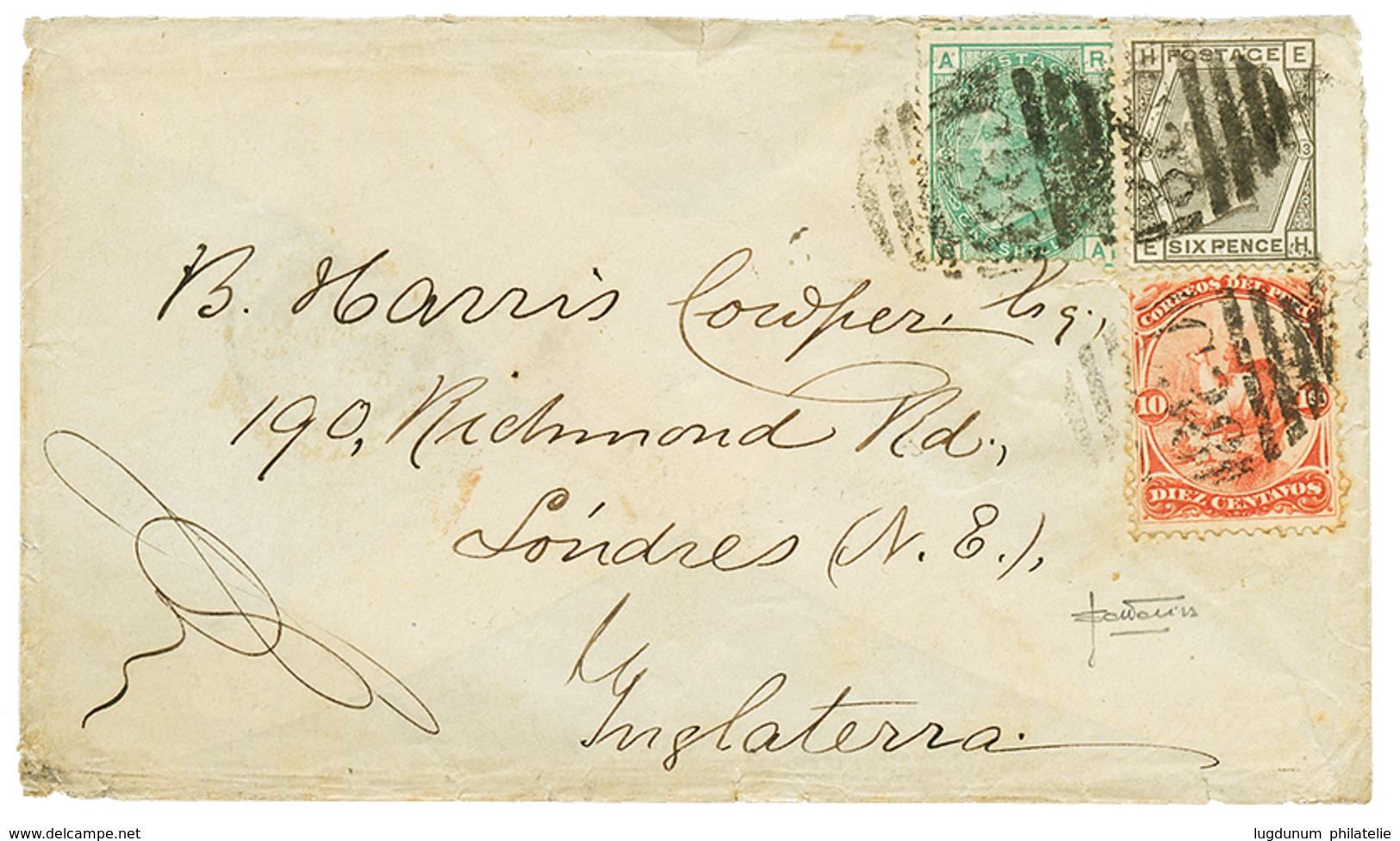 1032 "CALLAO PERU " : 1874 GB 6d + 1 SHILLING + PERU 10c Canc. C38 + CALLAO (verso) On Envelope To ENGLAND. Vf Mixed Fra - Andere & Zonder Classificatie